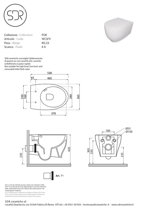 WC Suspendat Fox SDR Ceramiche 36x53 cm cu Capac Soft Close - Made in Italy - Tehnologie NO-RIM