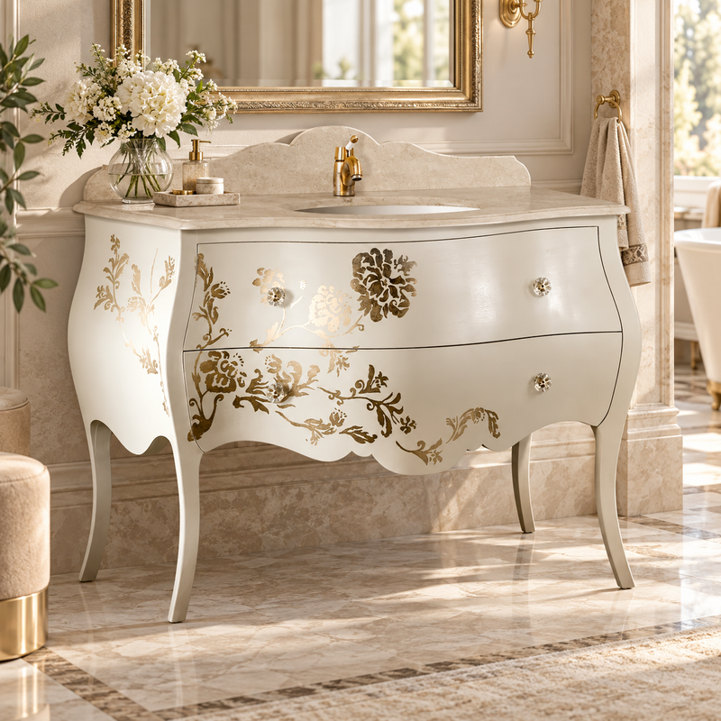 Mobilier baie clasic Ivonne 130x60 cm Gaia Mobili – ambientare cu finisaj RAL 1013 și decor auriu