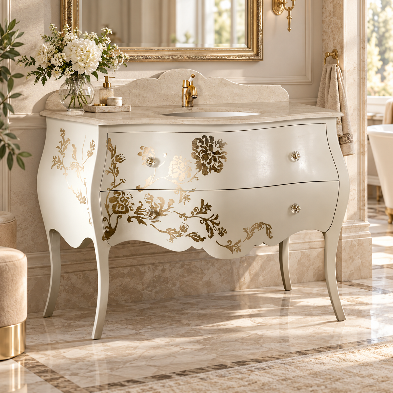 Mobilier baie clasic Ivonne 130x60 cm Gaia Mobili – ambientare cu finisaj RAL 1013 și decor auriu