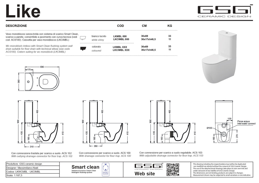 Vas WC Monobloc Rimless Like – GSG Ceramica Italy | Cipria Satinato | Capac Soft Close