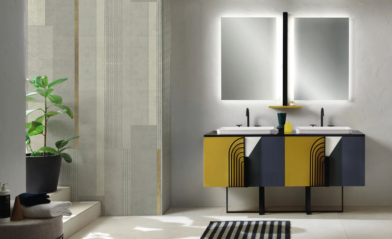 Mobilier baie Balance 160 cm Mia Italia – compoziția Balance 04 cu două lavoare, galben și gri