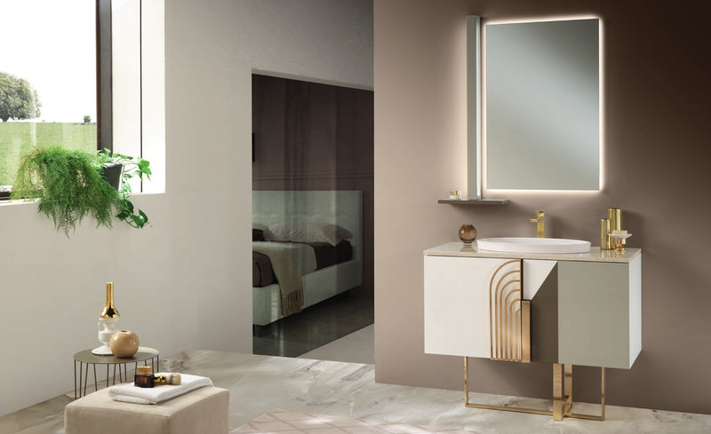 Mobilier baie Balance 80 cm Mia Italia – compoziția Balance 03, alb și gri, mânere și structură aurii