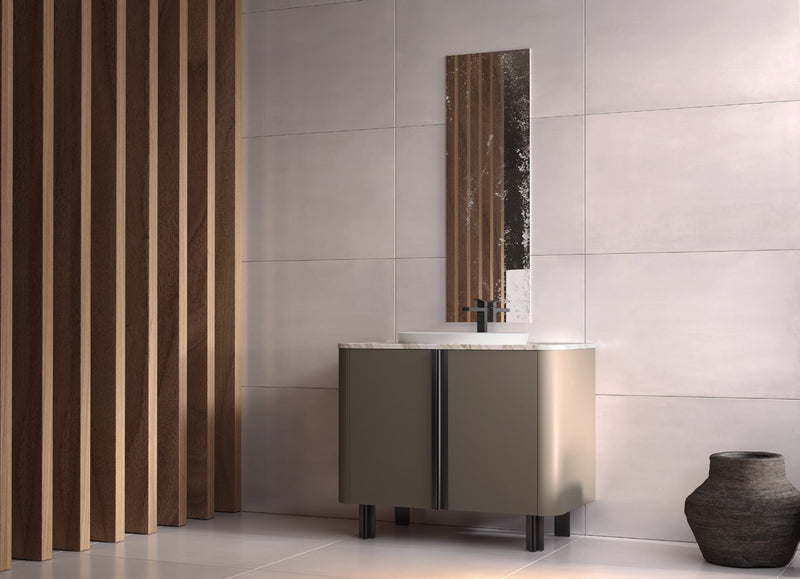 Mobilier baie Lenox Hill 100 cm Mia Italia – compoziția Lenox Hill 02, lăcuit gri-bej, metal negru mat
