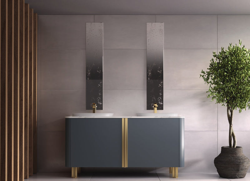 Mobilier baie Lenox Hill 160 cm cu două lavoare Mia Italia – compoziția Lenox Hill 03, lăcuit albastru-gri, metal auriu