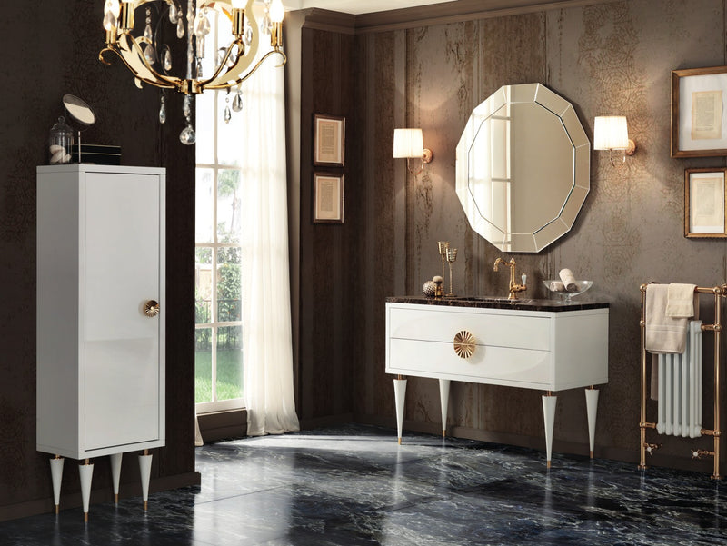 Mobilier baie Novecento 120 cm Mia Italia – compoziția Novecento 07, lăcuit alb, 2 sertare, cu coloană
