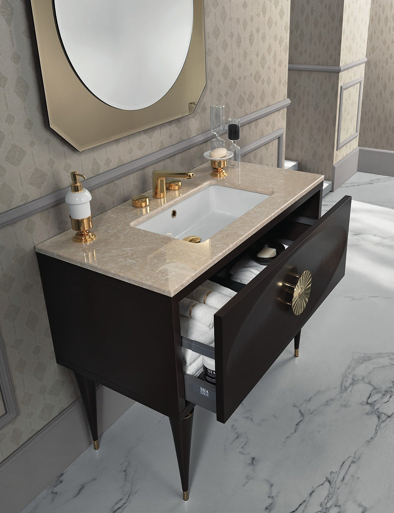 Mobilier baie Novecento 100 cm Mia Italia – detaliu Novecento 10, sertar deschis și mâner floare de lotus
