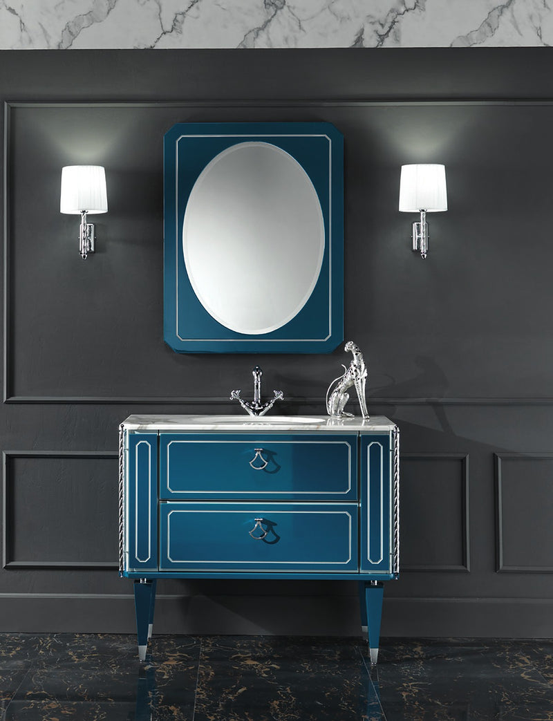 Mobilier baie Petit 90 cm Mia Italia – compoziția Petit 07, 2 sertare, fronturi lăcuite albastru, decor argintiu