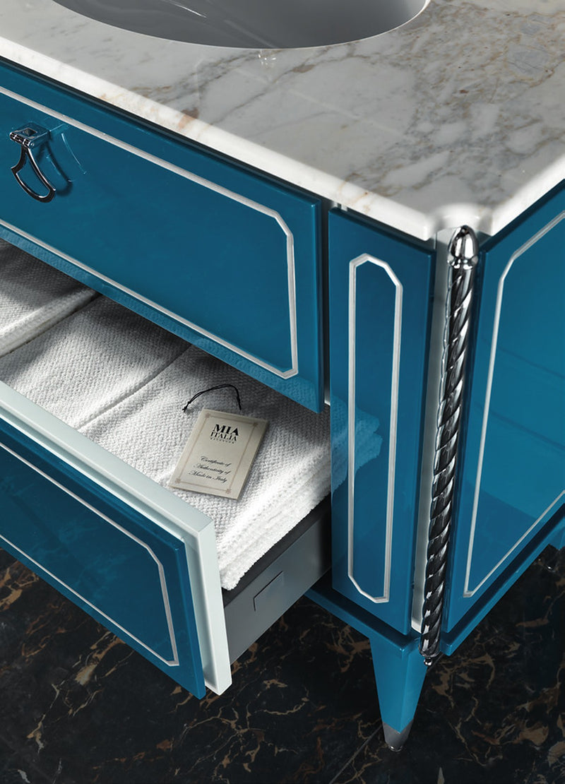 Mobilier baie Petit 90 cm Mia Italia – detaliu Petit 07: sertar deschis și blat din marmură