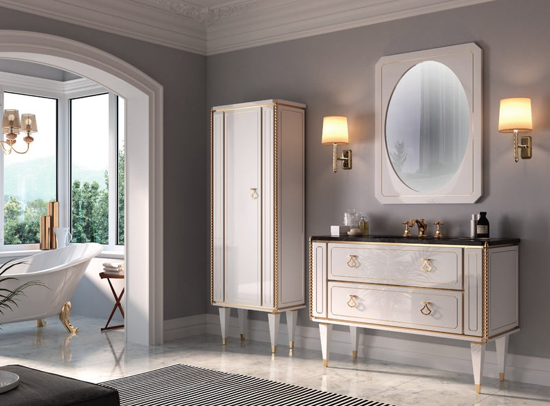 Mobilier baie Petit 130 cm Mia Italia – compoziția Petit 01, lăcuit alb, decor auriu