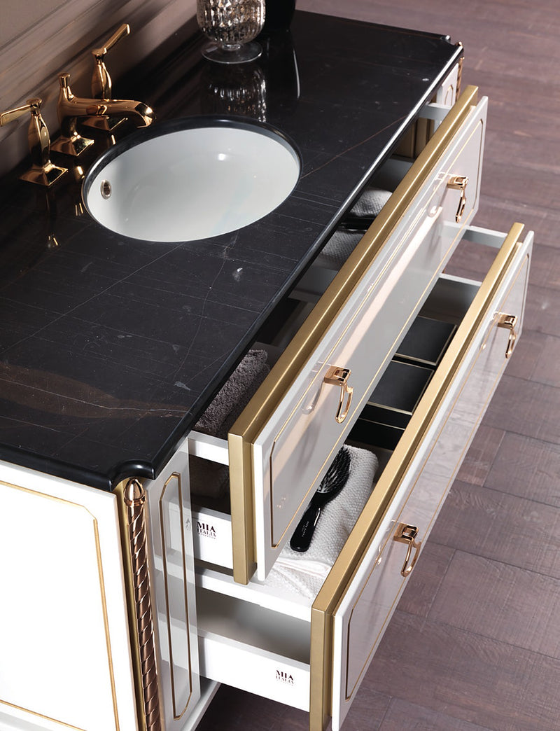 Mobilier baie Petit 130 cm Mia Italia – detaliu Petit: lavoar oval sub blat și sertar deschis