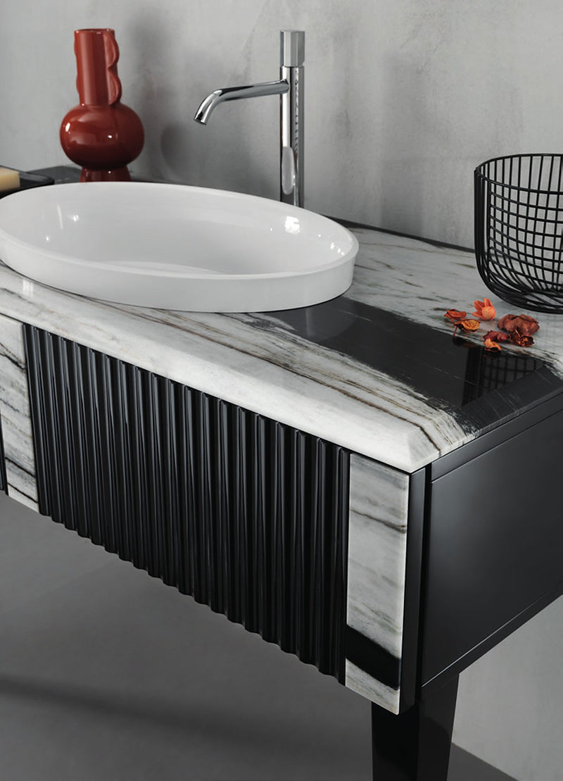 Mobilier baie Portofino 120 cm cu inserții Mia Italia – detaliu Portofino 06, lavoar oval semi-încastrat (la cerere)