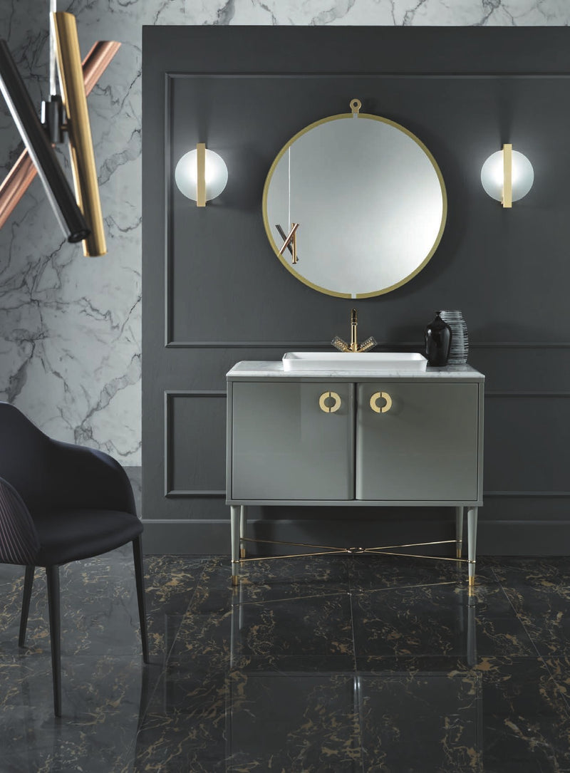 Mobilier baie Soho 80 cm Mia Italia – compoziția Soho 02, 2 uși, lăcuit gri cu mânere aurii