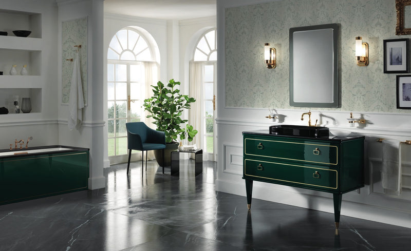 Mobilier baie Torino 120 cm Mia Italia – compoziția Torino 01, 2 sertare, lăcuit verde lucios, decor auriu