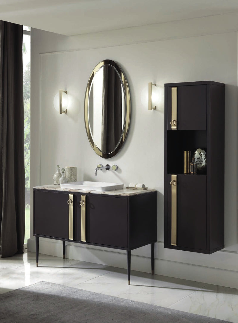 Mobilier baie Tribeca 120 cm Mia Italia – compoziția Tribeca 010, lăcuit negru cu benzi aurii, cu coloană