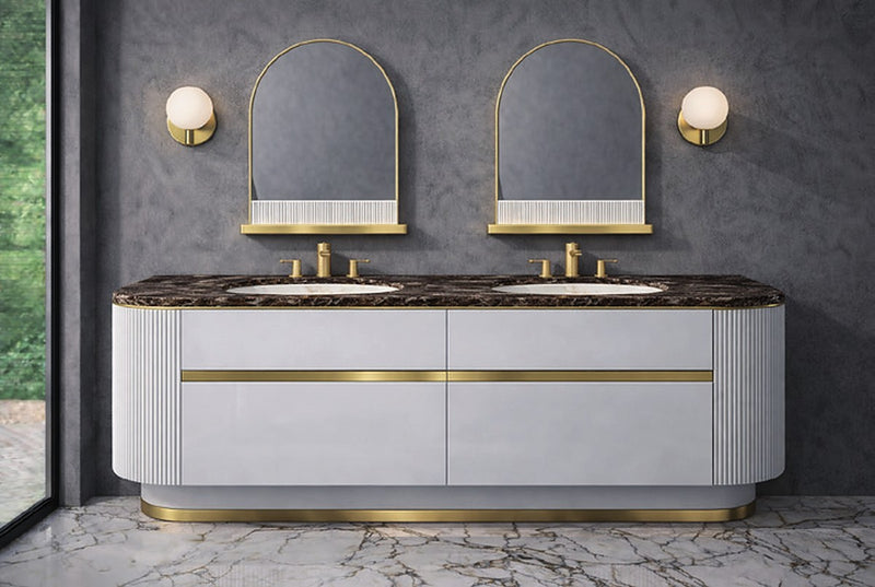 Mobilier baie Venice 180 cm Mia Italia – compoziția Venice 09 cu două lavoare, pe soclu auriu