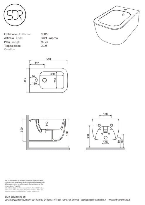 Bideu Suspendat Neos by SDR Ceramiche - Design Italian Premium, Ceramică de Lux
