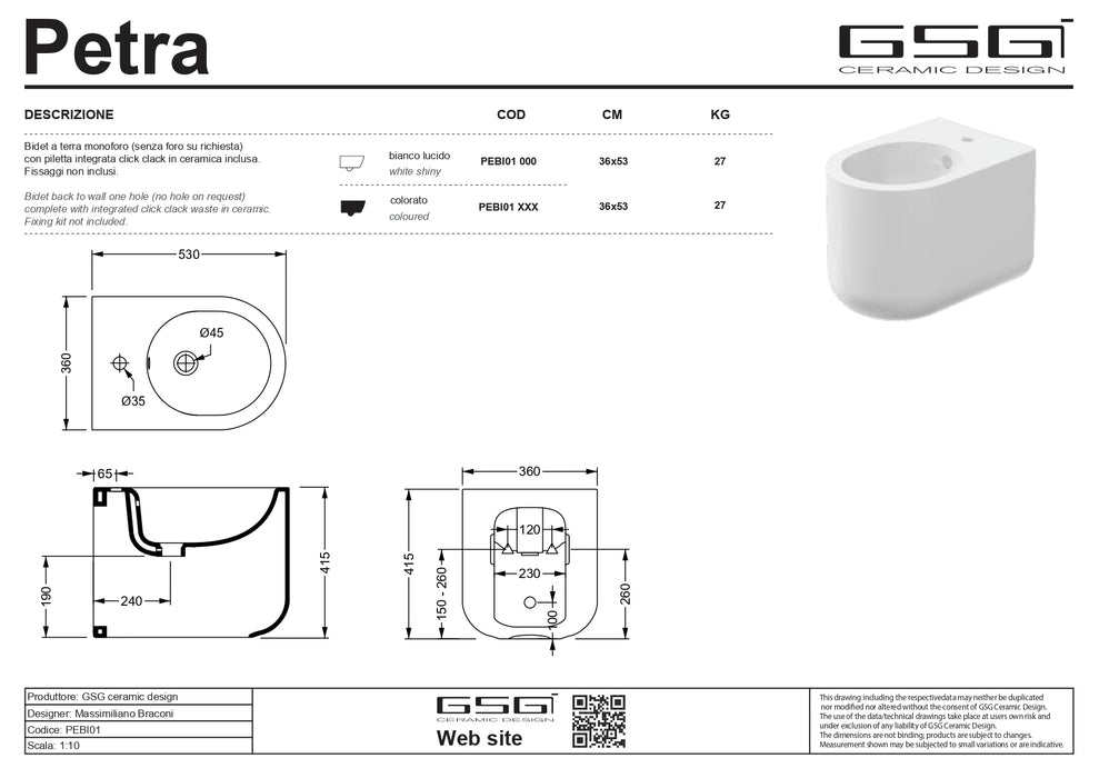 Bideu Stativ Petra Alb Lucios – GSG Ceramica 35×54 cm | Made in Italy