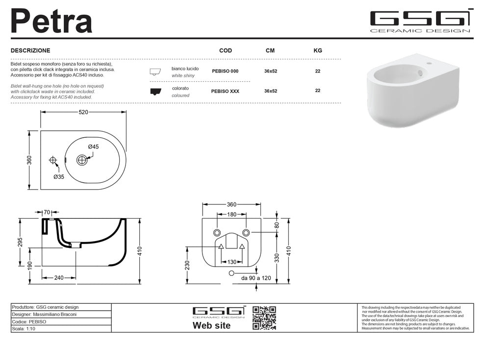 Bideu Suspendat Petra – GSG Ceramica | Cipria Satinato cod.032 | 36×52 cm