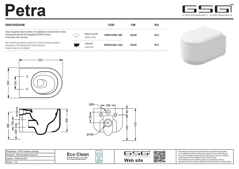 Vas WC Suspendat Petra GSG Ceramica 36×52 cm – Cashmere Satinato, Capac Soft Close Inclus