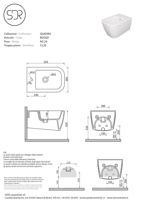 Bideu Suspendat Quadra - Design Italian Modern, Ceramică Premium 55x36cm