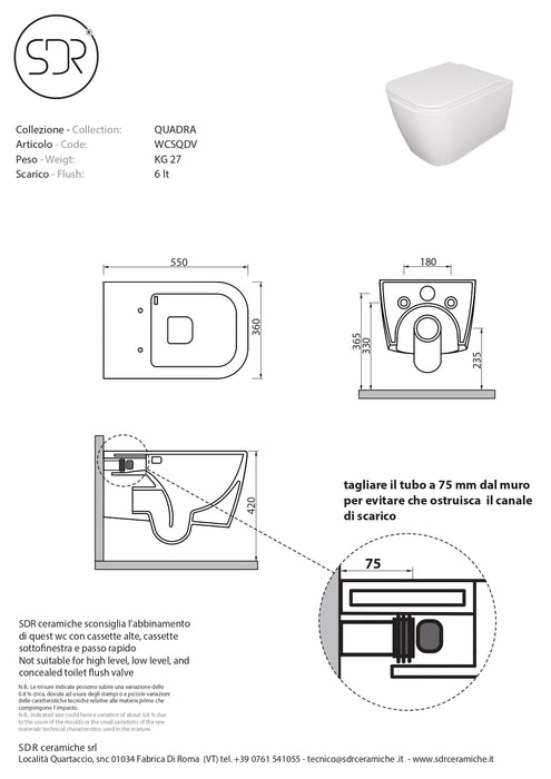 Vas WC Suspendat Quadra cu Capac Soft Close - Ceramică Premium Made in Italy