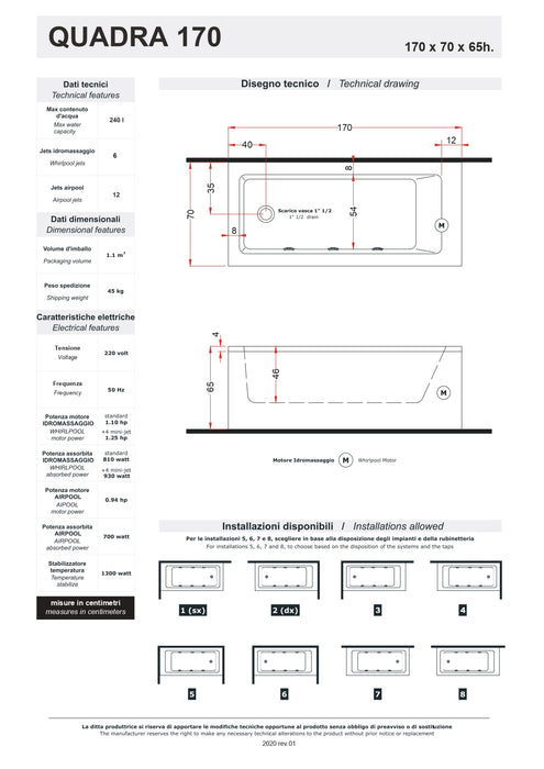 Cadă cu Hidromasaj Quadra 170x70x65cm - Design Modern Italian Treesse