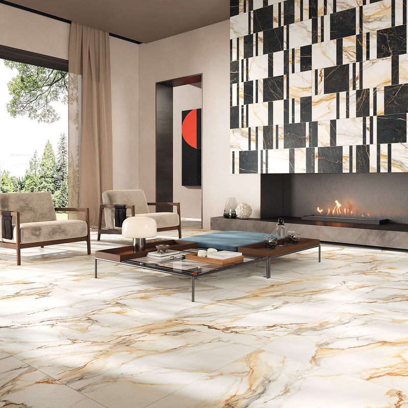 Gresie porțelanată Prestige Calacatta Gold 3D 60 × 120 cm, satinat, aspect marmură – Sichenia