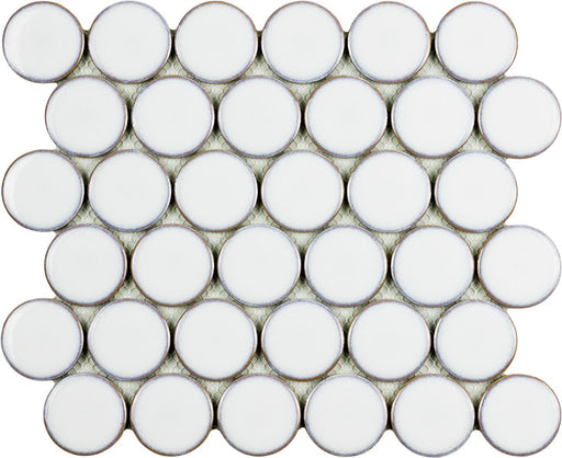 Mostră de mozaic decorativ Hexagon 26×30 cm – plăci rotunde albe montate pe plasă