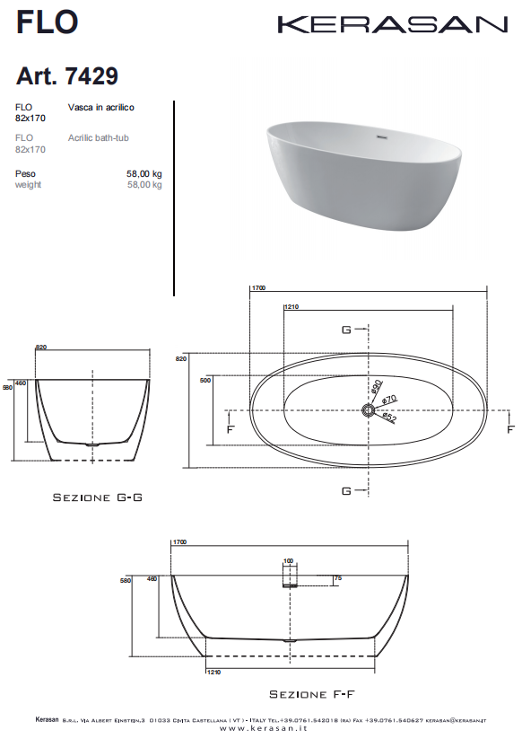Cadă de Baie Freestanding Flo Modern 170x82x58cm - Kerasan Italia