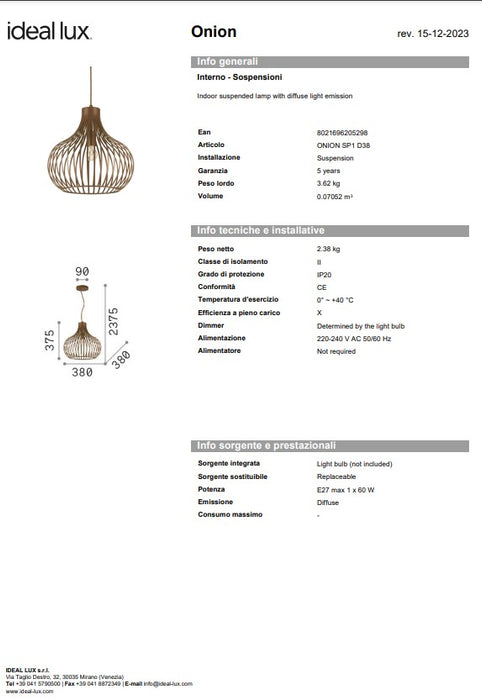 Pendul onion sp1 d38 ideal lux made in Italy