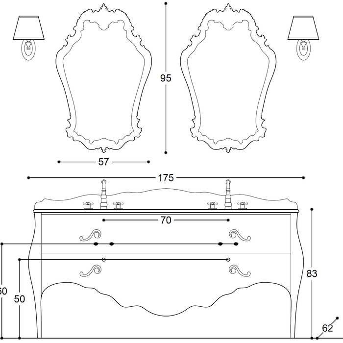 Mobilier baie clasic Seta foglie oro 175x62cm Gaia Mobili Italy