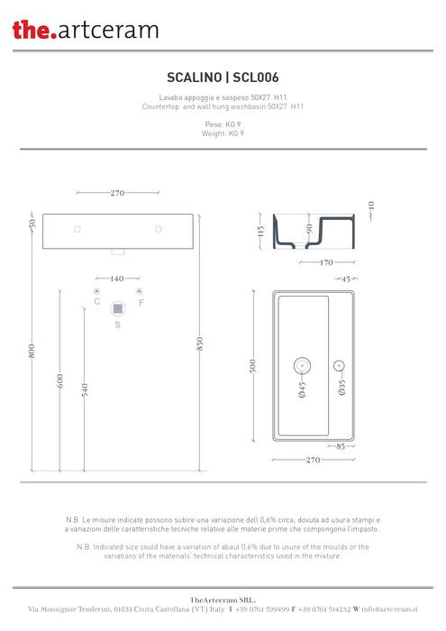 Lavoar Blat Scalino Artceram 50x27cm - scl006