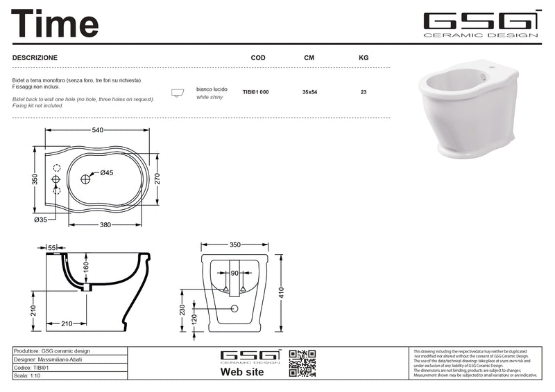 Bideu Stativ GSG Time 35×54 cm – Ceramică Albă Lucioasă, Made in Italy