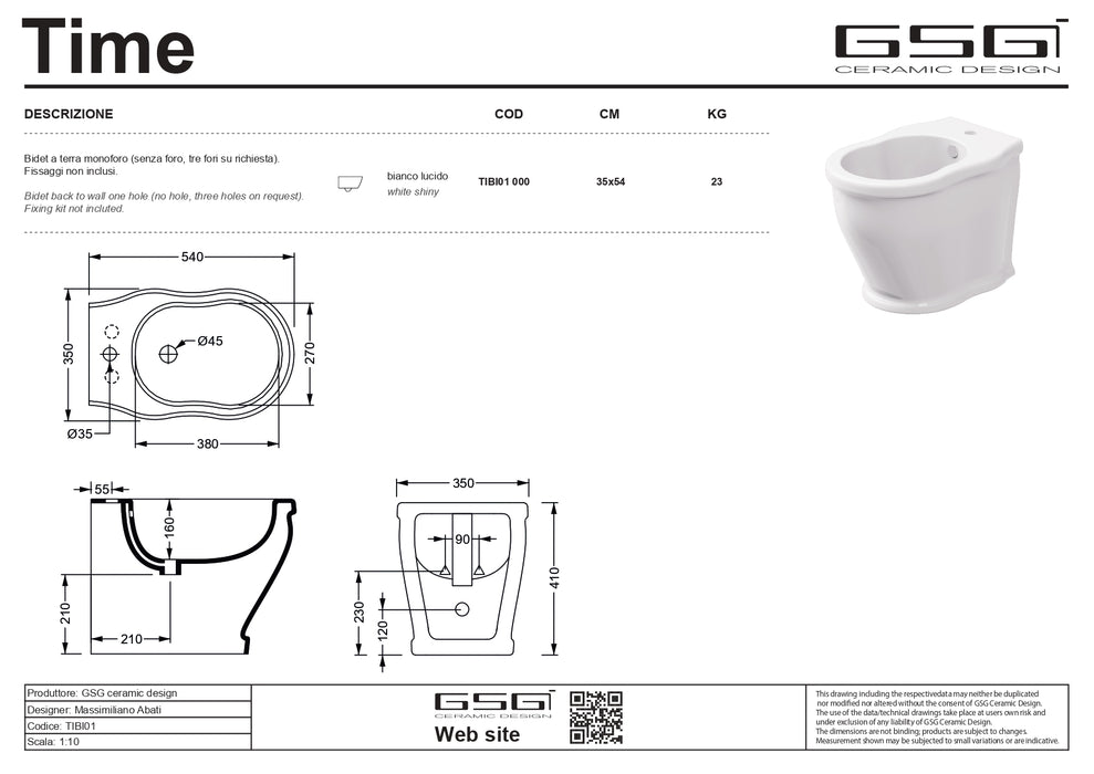Bideu Stativ GSG Time 35×54 cm – Ceramică Albă Lucioasă, Made in Italy