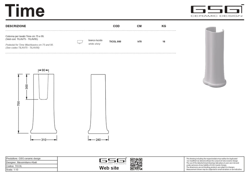 Lavoar cu Coloană Time by Gsg 95x51 cm – Ceramică Sanitară Made in Italy