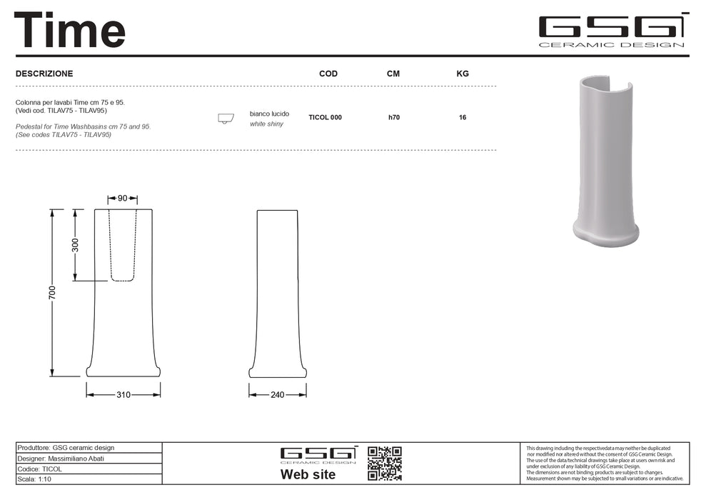 Lavoar cu Coloană Time by Gsg 95x51 cm – Ceramică Sanitară Made in Italy