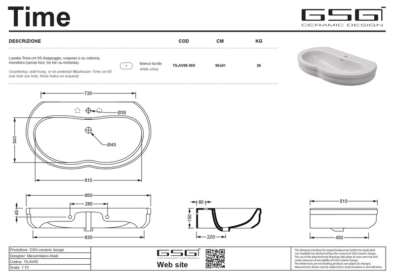 Lavoar cu Coloană Time by Gsg 95x51 cm – Ceramică Sanitară Made in Italy