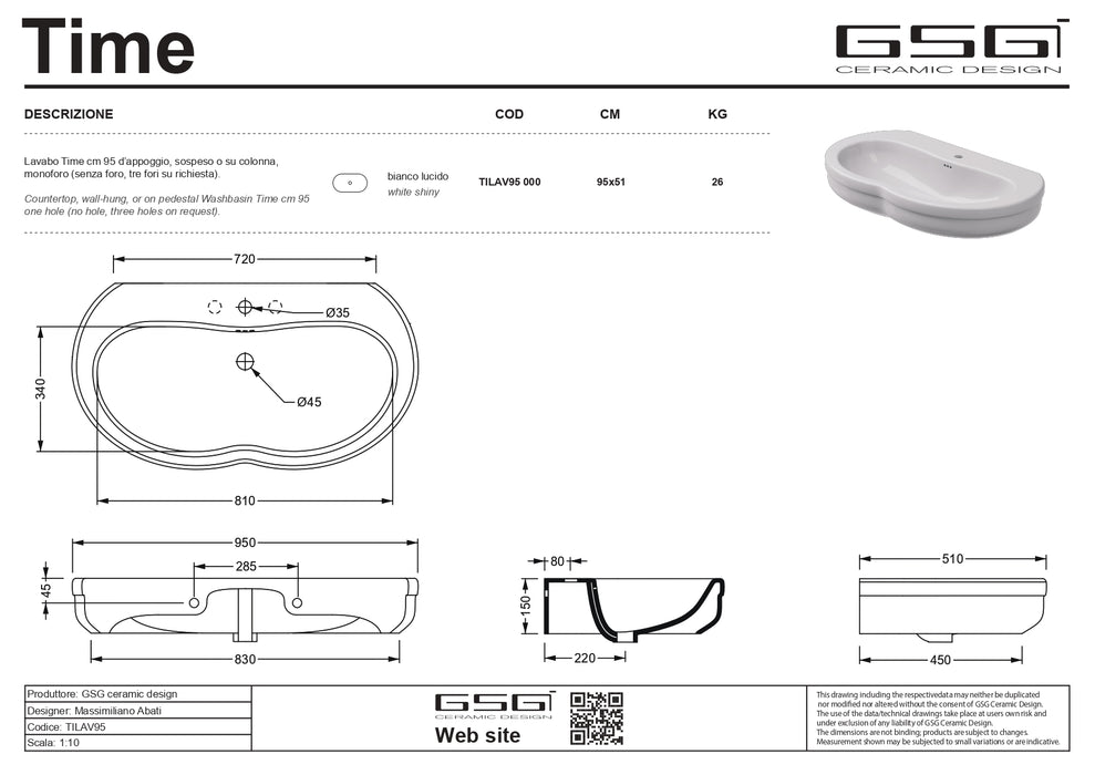 Lavoar cu Coloană Time by Gsg 95x51 cm – Ceramică Sanitară Made in Italy