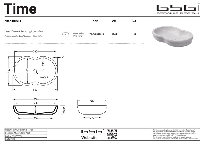 Lavoar blat GSG Time 65×42 cm – Ceramică Albă Lucioasă, Made in Italy