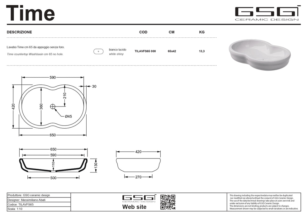 Lavoar cu Coloană GSG Time 65×42 cm – Ceramică Albă Lucioasă, Made in Italy