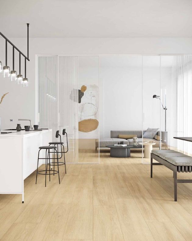 Gresie porțelanată Troncais Miele 20 × 120 cm, aspect lemn – Sichenia
