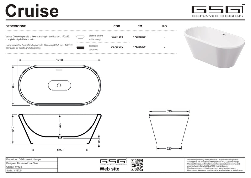 Cadă Freestanding Cruise – Ovală 172×83 cm, Acril Compozit Alb Lucios | GSG Ceramica