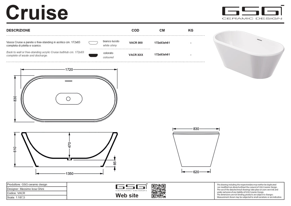 Cadă Freestanding Cruise – Ovală 172×83 cm, Acril Compozit Alb Lucios | GSG Ceramica
