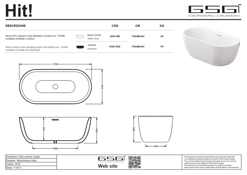 Cadă Freestanding Hit – Alb Lucios 170×80 cm | Acril Compozit GSG