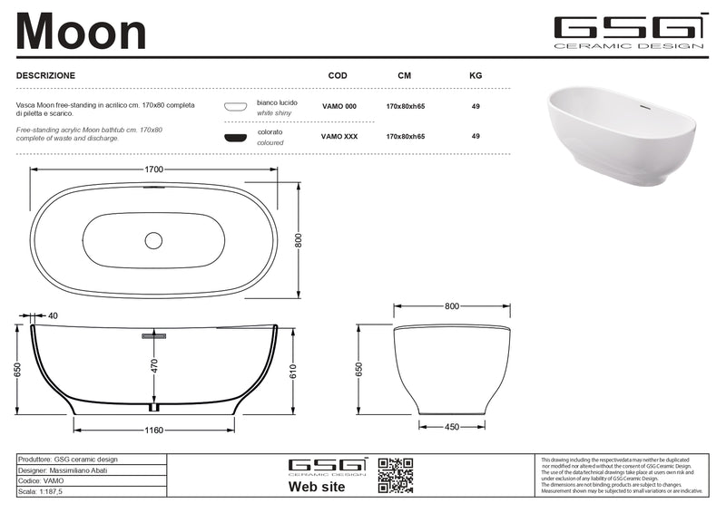 Cadă Freestanding Moon– Ovală 170×80 cm, Acril Compozit Alb Lucios | GSG Ceramica