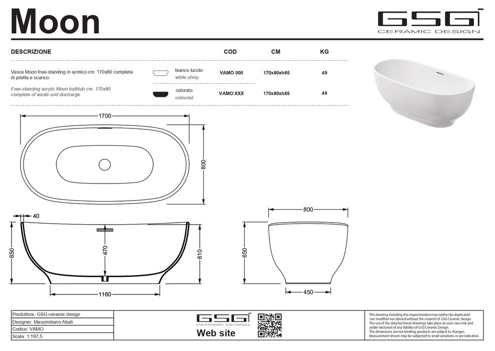 Cadă Freestanding Moon– Ovală 170×80 cm, Acril Compozit Alb Lucios | GSG Ceramica