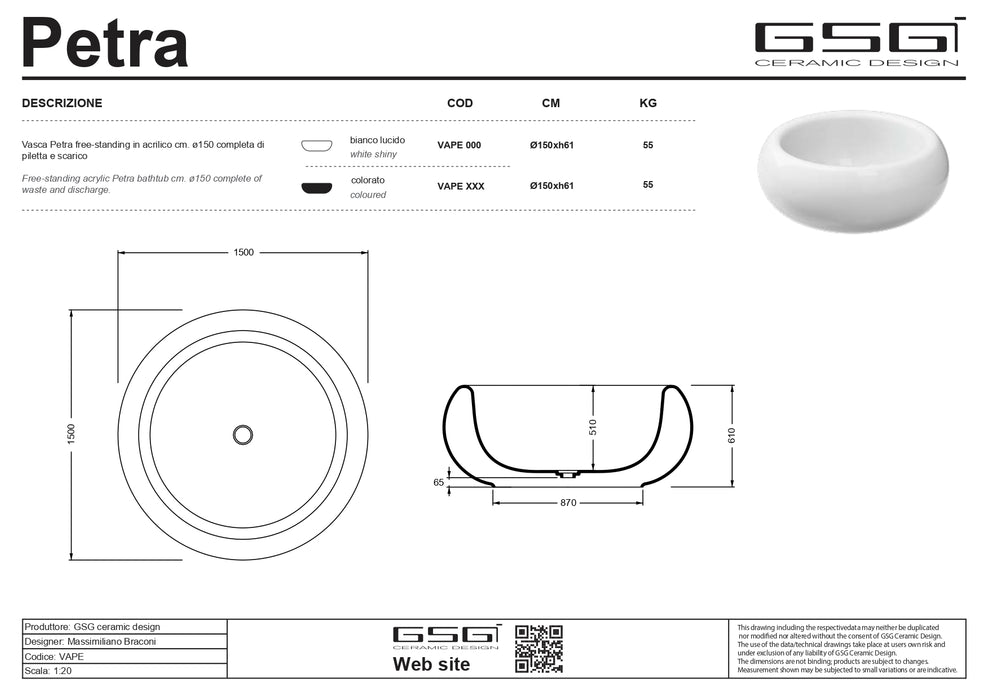 Cadă Freestanding Rotundă Petra 150 cm – Alb Lucios | Acril Compozit GSG
