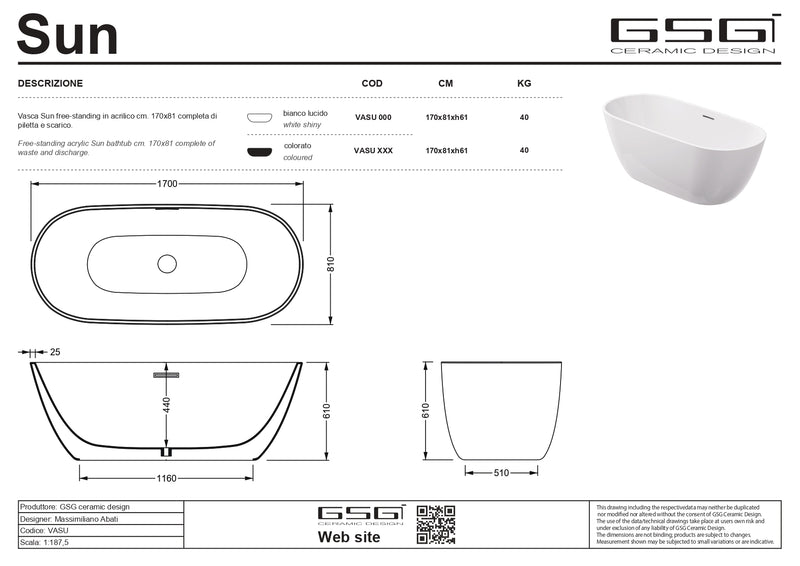 Cadă Freestanding Sun – Ovală 170×80 cm, Acril Compozit Alb Mat | GSG Ceramica