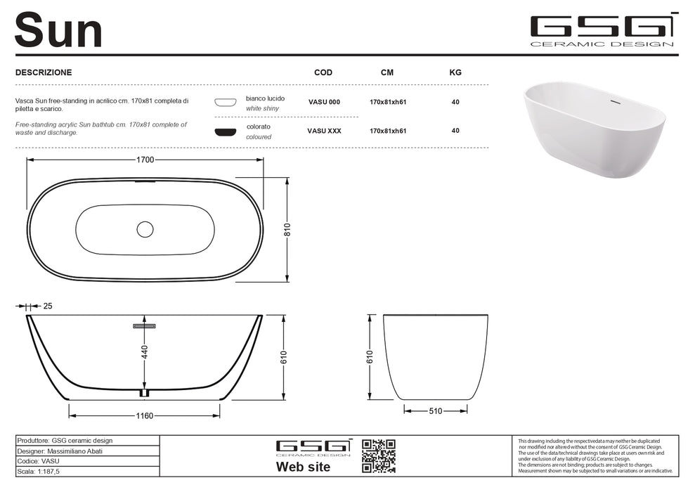 Cadă Freestanding Sun – Ovală 170×80 cm, Acril Compozit Alb Mat | GSG Ceramica