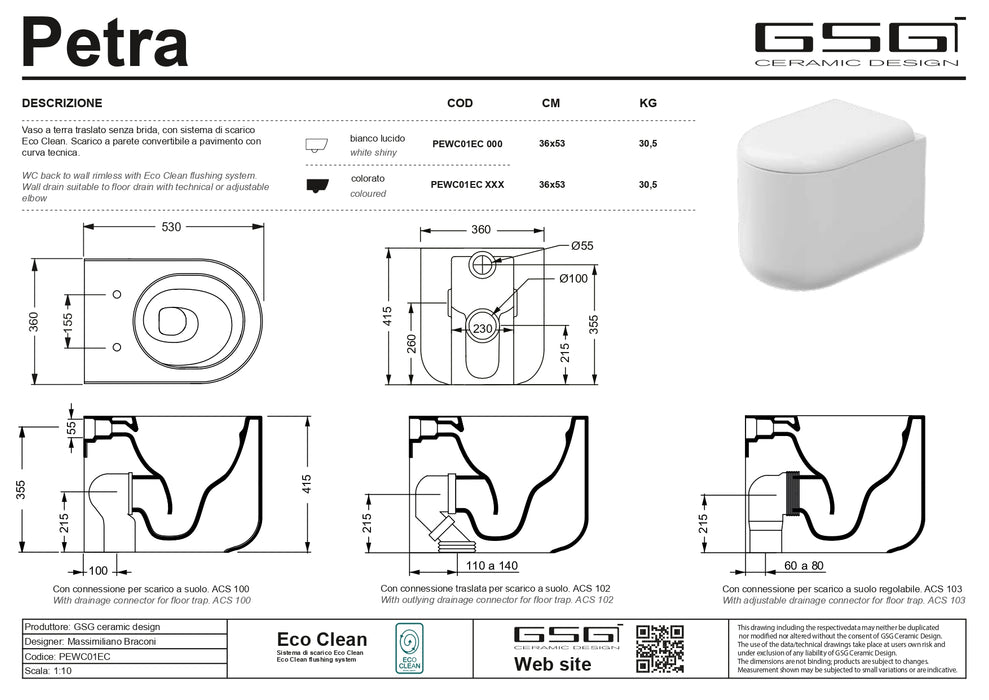 Vas WC Stativ Petra Alb Lucios – GSG Ceramica 36×53 cm | Made in Italy